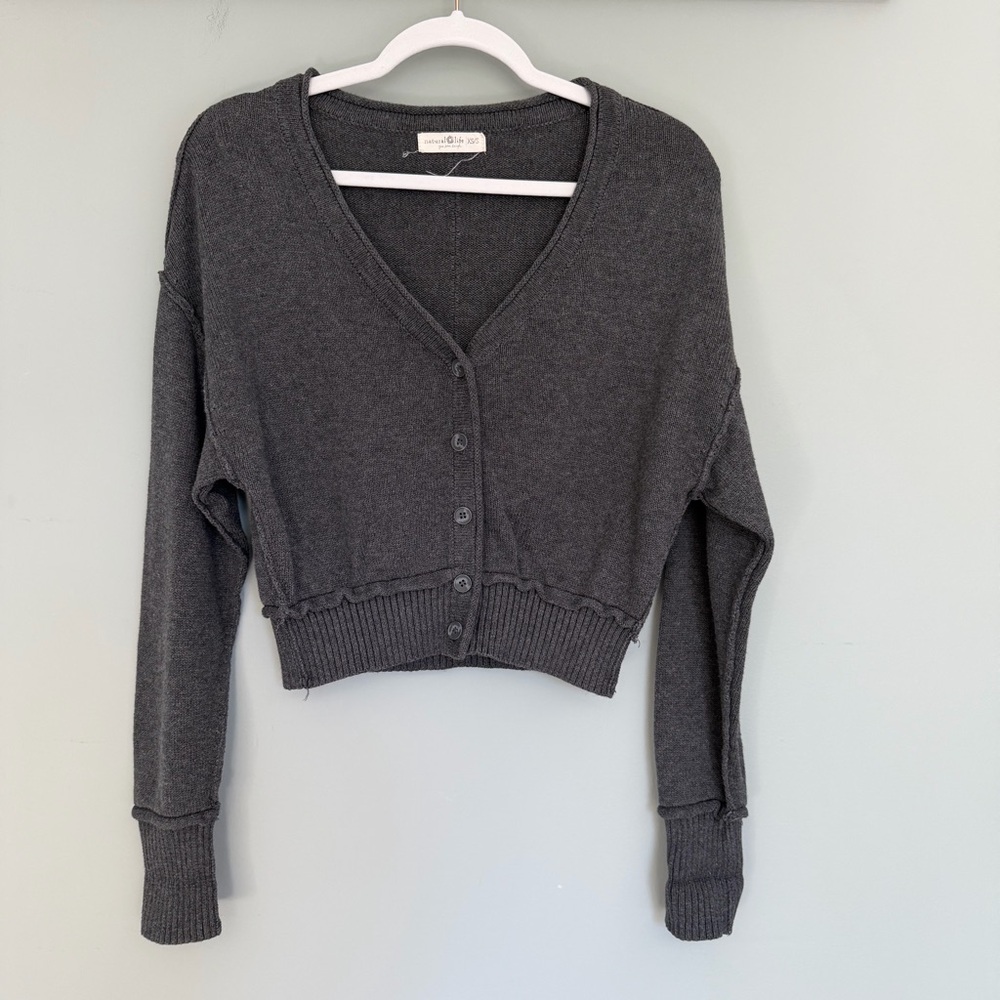 Natural Life 100% Cotton Charcoal Gray Cropped V-Neck Cardigan Sweater